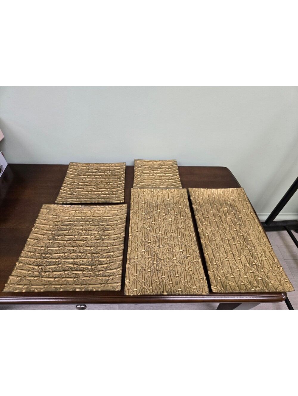 Set of 5 Gold Embossed Bamboo Design Placemats Asian Style Table Decor